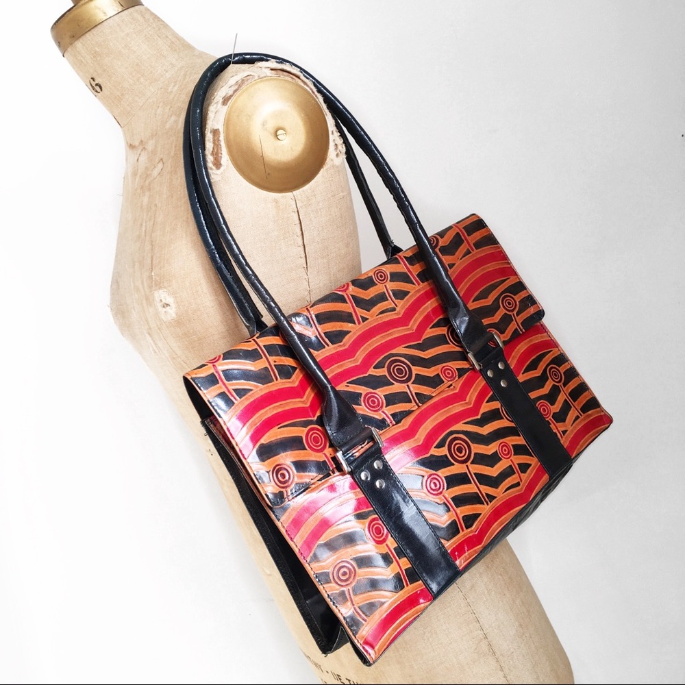 Boho patterned large leather shoulder bag.